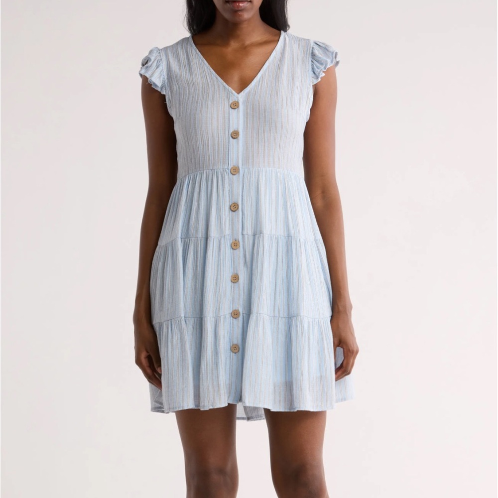 Light Blue Ruffle Sleeve Button-Down Dress